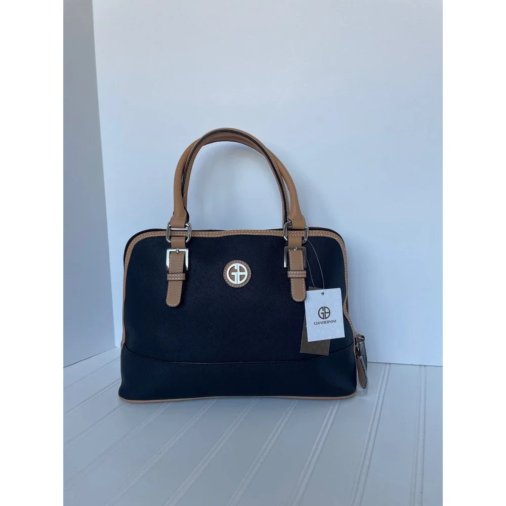 NEW Giani Bernini Dome Satchel Classic Black & Tan Saffiano Faux Leather Luxe